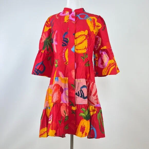 NWOT FARM Rio Mixed Fruits Ocean Bright Vibrant Dress Ruffle Sleeve Size S